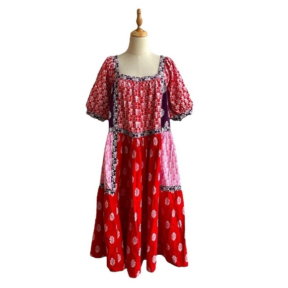 Anthropologie Maeve Short Sleeve Square Neck Mixed Print Midi Dress Size Small - Picture 2 of 10